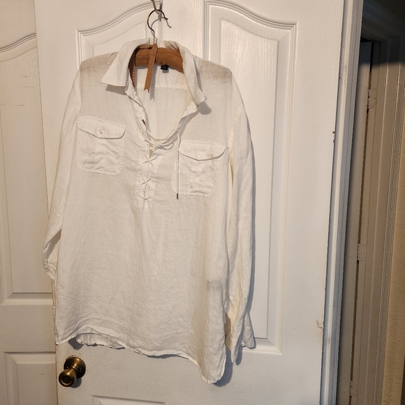 Linen lace up collar Summer Long Sleeve Top - Picture 2 of 3